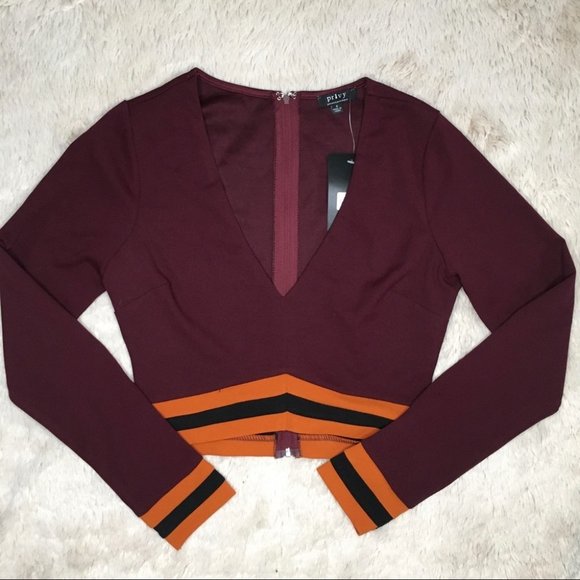 privy V Neck Long Sleeve Crop Top 70’s Style Plum Purple Orange Size Small - Picture 1 of 5